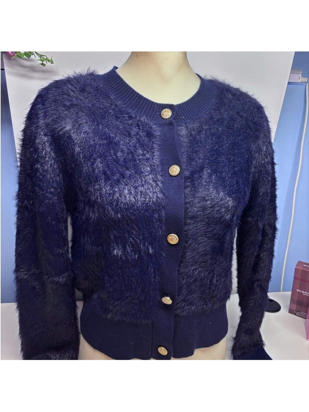 Navy Fuzzy Cropped Cardigan with Gold Buttons size Medium